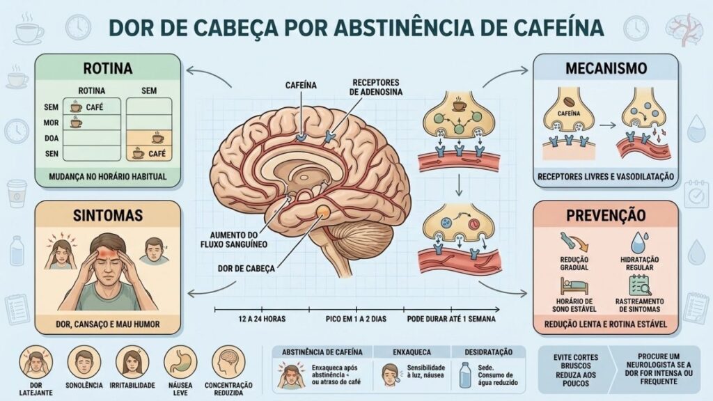 Rotina, adenosina, sintomas e redução gradual explicam a cefaleia por abstinência.