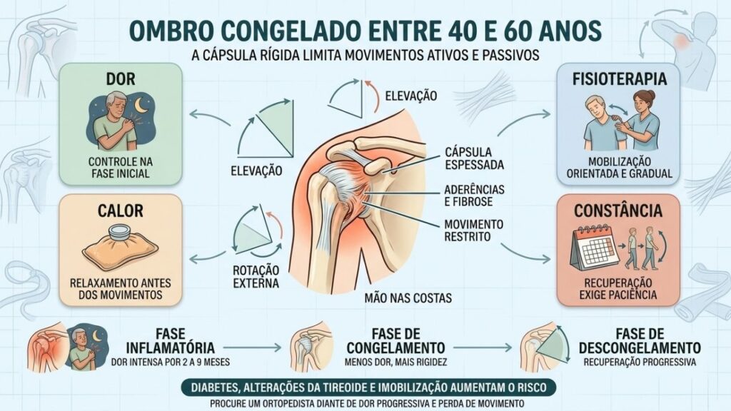 Dor, fisioterapia, calor e constância orientam a recuperação do ombro congelado.