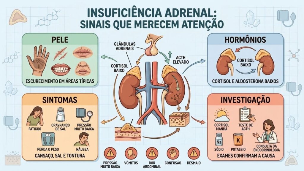 Pele, hormônios, sintomas e exames ajudam a reconhecer a insuficiência adrenal.