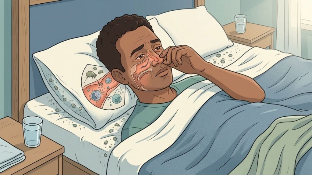 Ácaros da roupa de cama intensificam a obstrução nasal ao amanhecer.