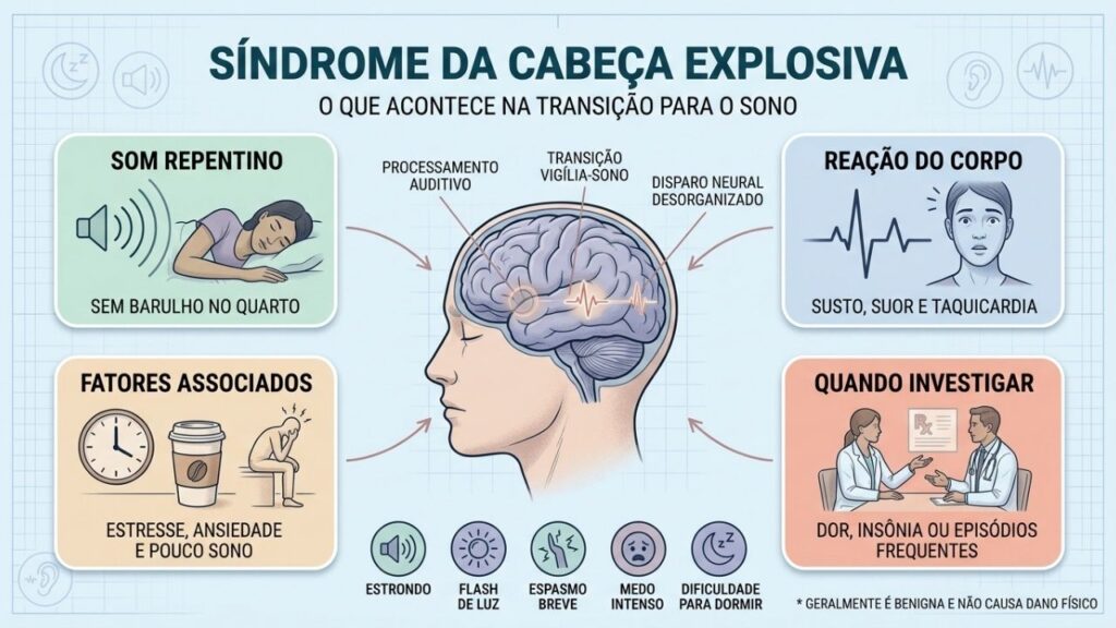 Sintomas, fatores associados e sinais de alerta da síndrome da cabeça explosiva.