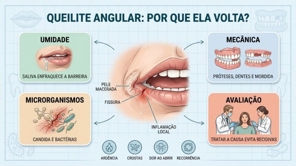 Saliva, atrito e microrganismos ajudam a manter a boqueira recorrente.