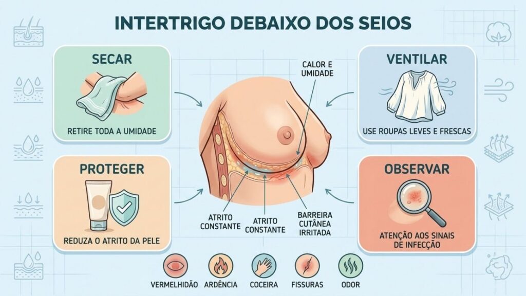Secagem, ventilação, proteção e observação reduzem irritação nas dobras mamárias.
