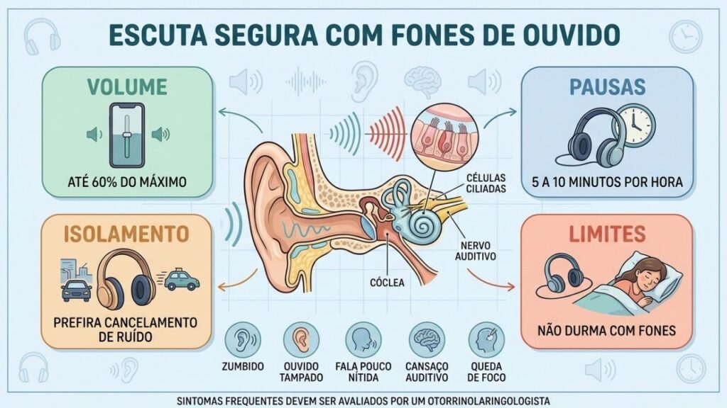 Volume moderado, pausas, isolamento acústico e limites preservam audição e concentração.