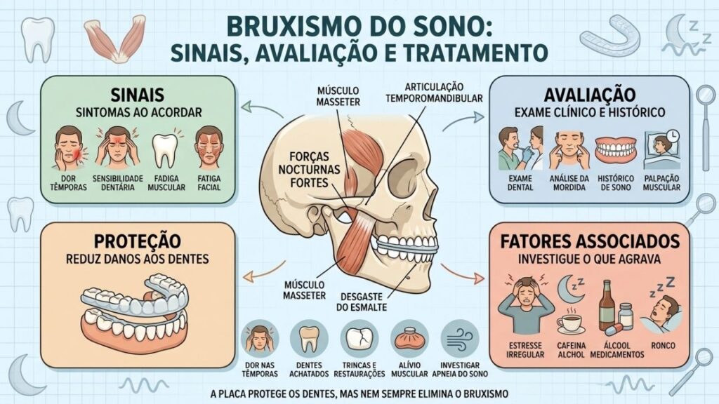 Sinais, avaliação, proteção dentária e fatores associados orientam o tratamento do bruxismo.
