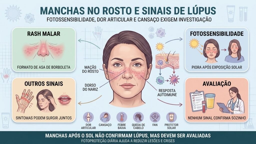 Rash malar, fotossensibilidade, sintomas associados e exames orientam a investigação do lúpus.