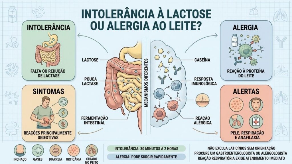 Digestão da lactose e reação imunológica exigem avaliações e cuidados diferentes.