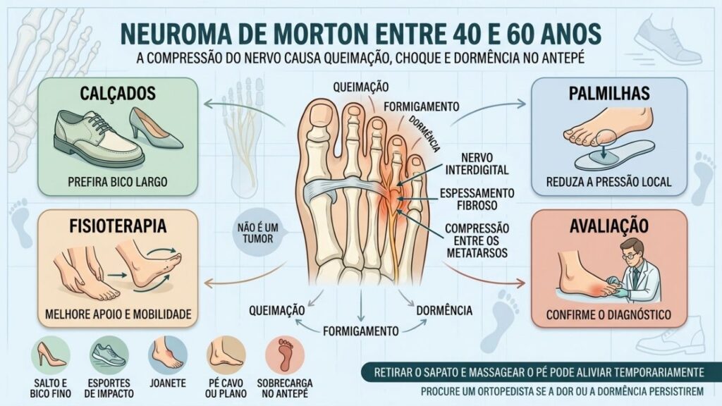 Calçados largos, palmilhas, fisioterapia e avaliação reduzem a pressão sobre o nervo.