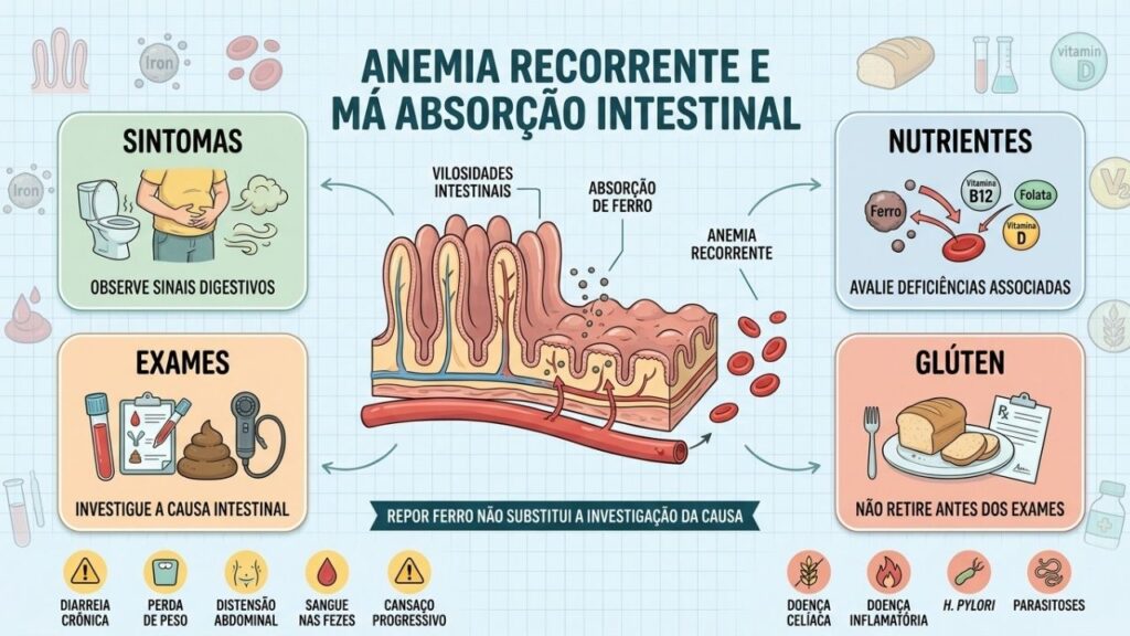 Sintomas, nutrientes, exames e manutenção do glúten orientam a investigação intestinal.