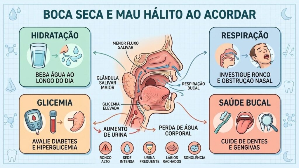 Hidratação, respiração, glicemia e higiene bucal orientam a investigação da xerostomia.