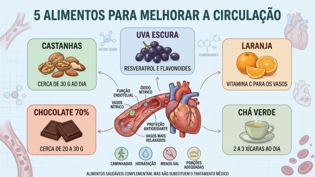 Cinco alimentos fornecem antioxidantes e gorduras boas que favorecem a circulação.