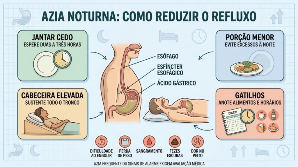 Jantar cedo, porções menores e cabeceira elevada ajudam a reduzir a azia.