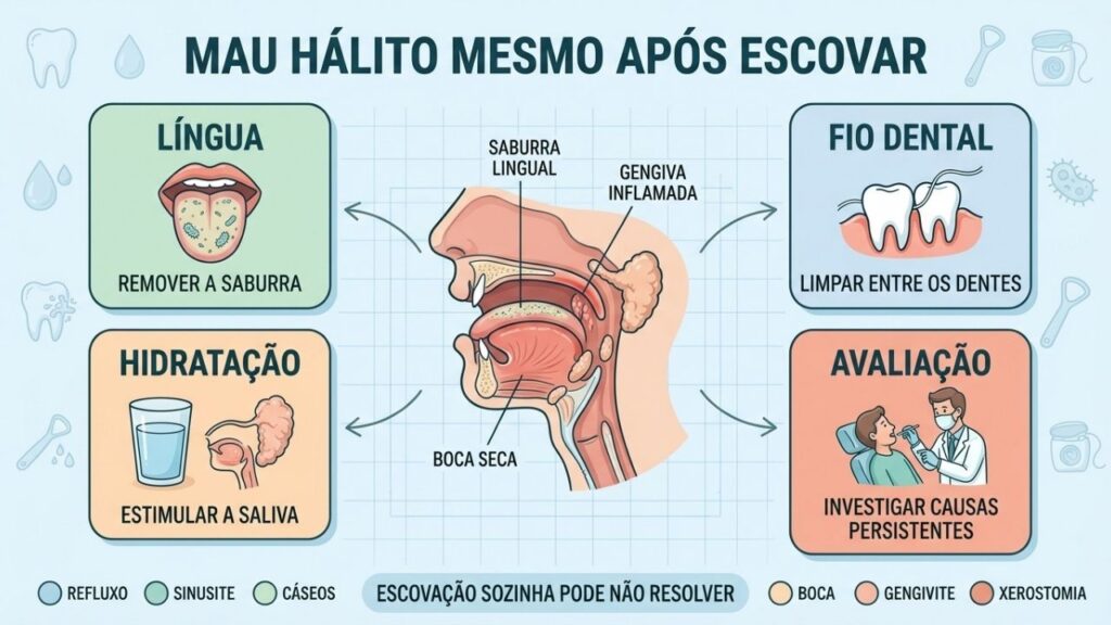 Língua, fio dental, hidratação e avaliação ajudam a controlar a halitose.