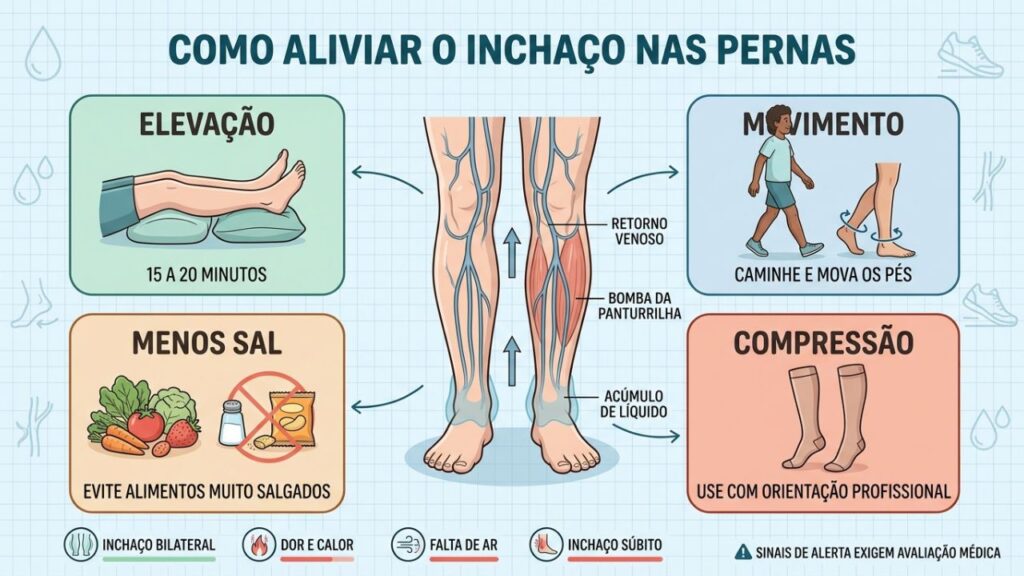 Elevação, movimento, menos sal e compressão ajudam a reduzir o inchaço.