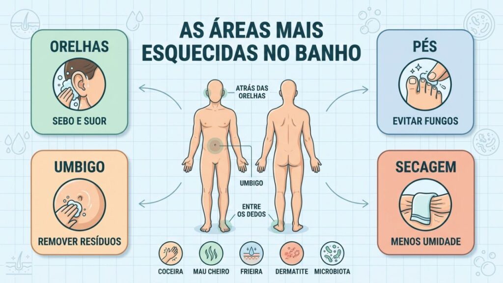 Orelhas, pés, umbigo e secagem adequada ajudam a proteger a pele.