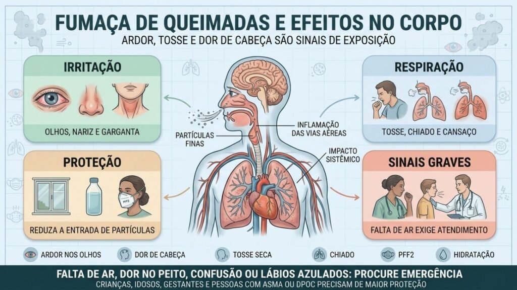 Fumaça distante também pode causar cefaleia, irritação e piora respiratória.