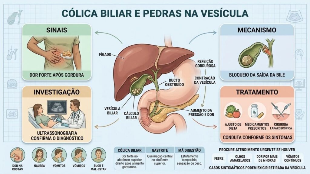 Sintomas, obstrução e sinais de alerta ajudam a reconhecer a cólica biliar.