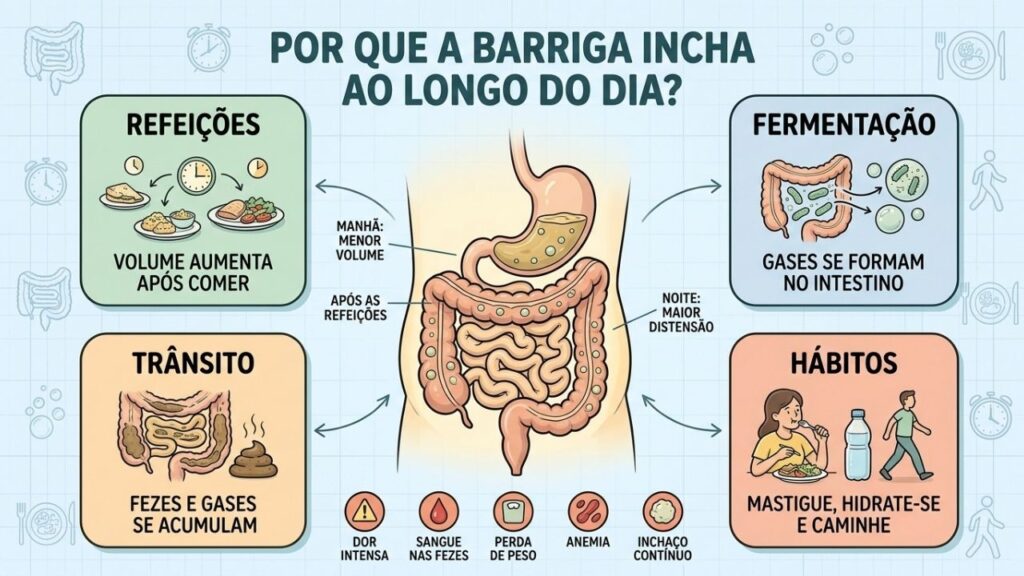 Refeições, fermentação, trânsito intestinal e hábitos explicam a distensão progressiva.