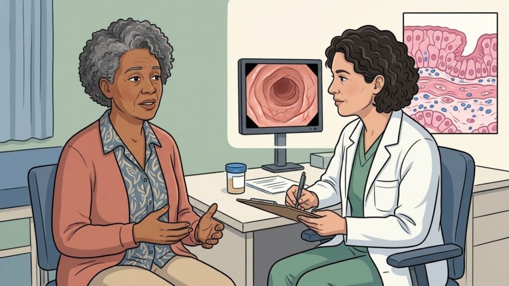 A colonoscopia pode parecer normal, mas a biópsia revela a inflamação.