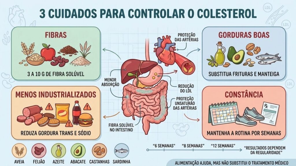 Fibras, gorduras insaturadas e menos ultraprocessados formam a estratégia central.