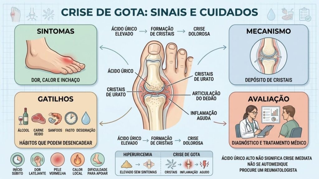 Cristais, sintomas, gatilhos e avaliação explicam a crise aguda de gota.