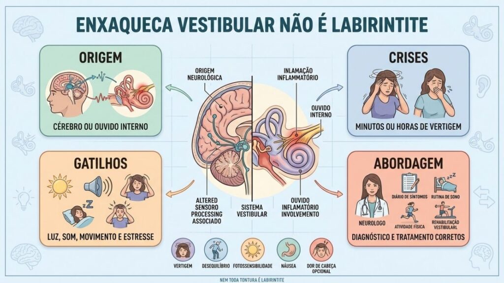 Origem, duração, gatilhos e tratamento diferenciam enxaqueca vestibular de labirintite.