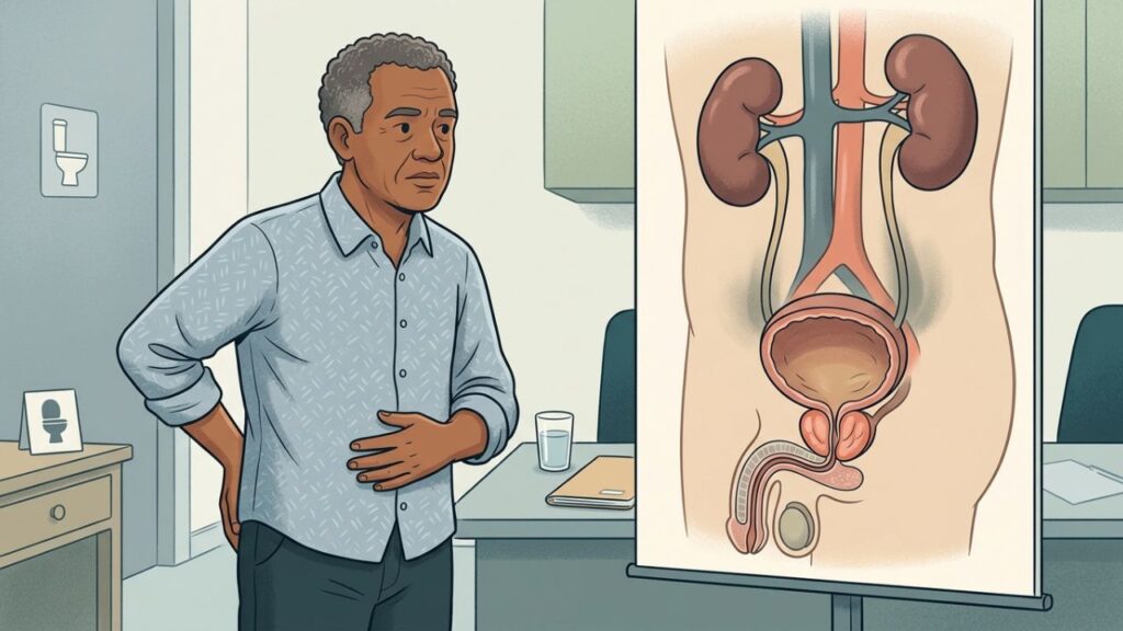 O aumento da próstata pode dificultar o fluxo e impedir o esvaziamento da bexiga.