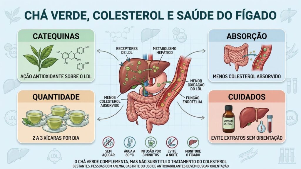 Catequinas, absorção intestinal, metabolismo hepático e consumo moderado orientam o uso seguro.