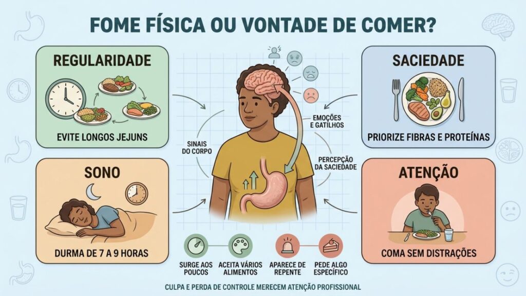 Regularidade, saciedade, sono e atenção ajudam a diferenciar fome de vontade.