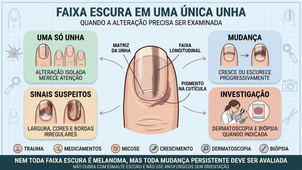 Unha isolada, crescimento, pigmentação irregular e dermatoscopia orientam a investigação.