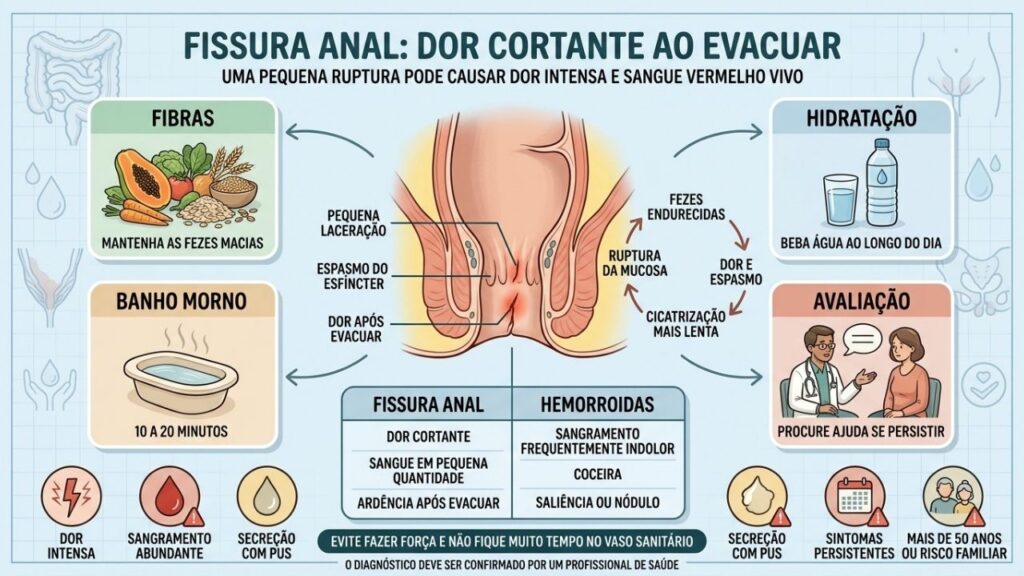 Fibras, hidratação, banho morno e avaliação favorecem a cicatrização da fissura.