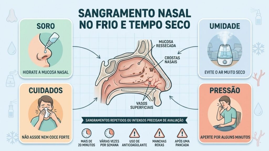Soro, umidade, cuidado local e compressão ajudam a controlar a epistaxe.