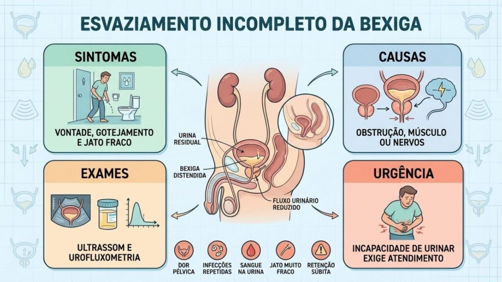 Sintomas, causas, exames e urgência orientam a investigação do esvaziamento incompleto.
