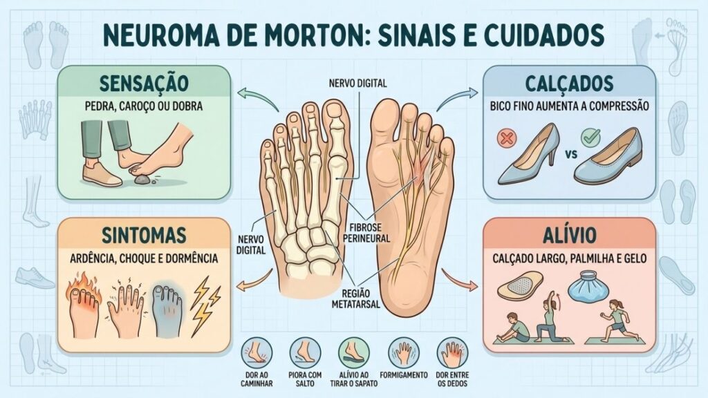 Sintomas, calçados, anatomia e cuidados explicam o neuroma de Morton.