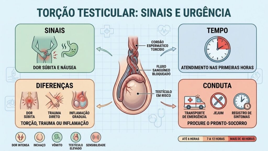 Sinais, tempo crítico e condutas essenciais diante da suspeita de torção testicular.