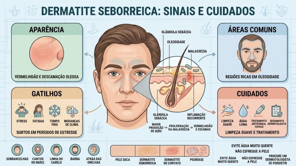 Localização, aparência, gatilhos e cuidados ajudam a reconhecer a dermatite seborreica.