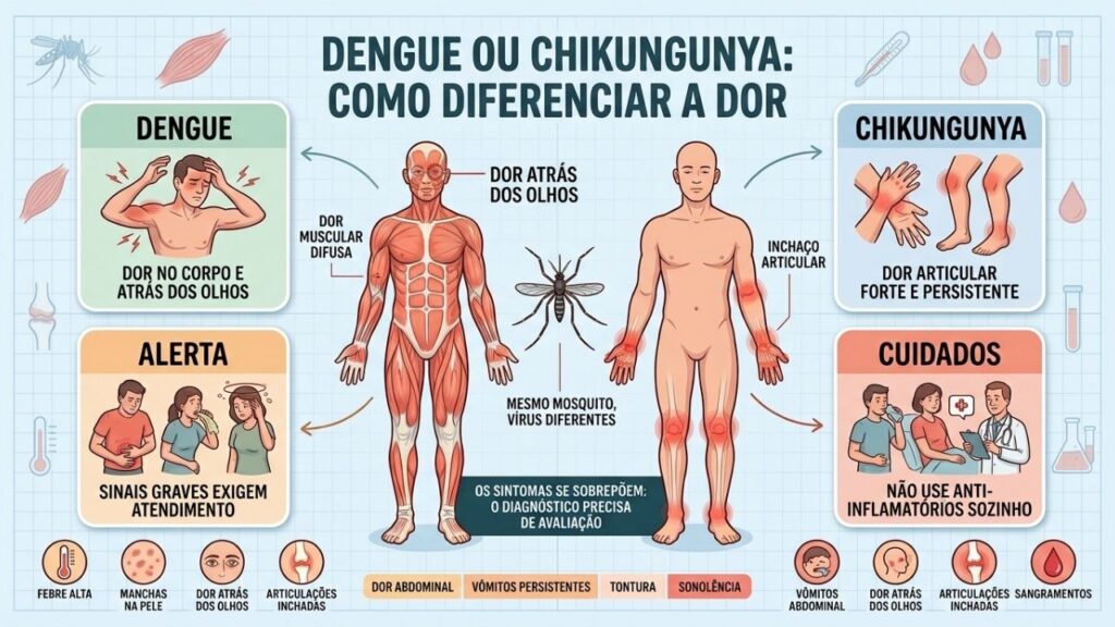 Dor, inchaço, sinais de alerta e exames ajudam na diferenciação.