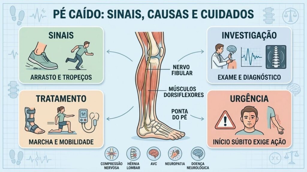Sinais, investigação, tratamento e urgência orientam o cuidado com o pé caído.