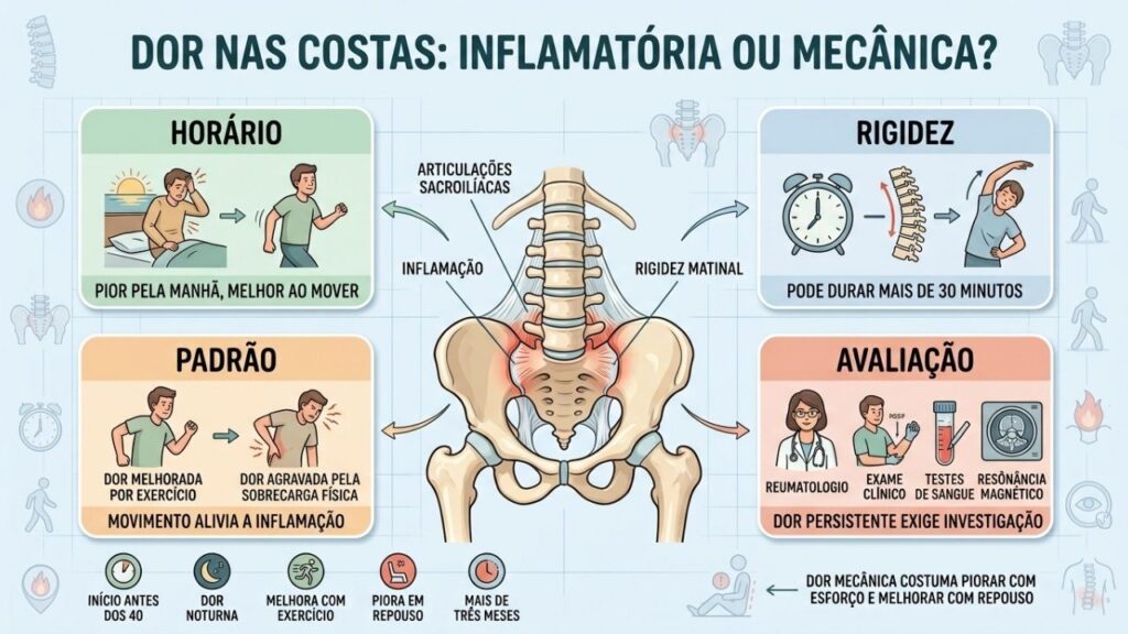 Horário, rigidez, movimento e duração diferenciam dor inflamatória de dor mecânica.
