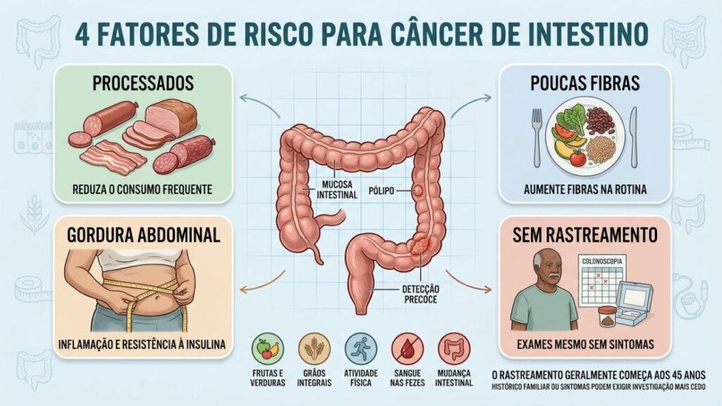 Processados, poucas fibras, gordura abdominal e falta de rastreamento elevam o risco.