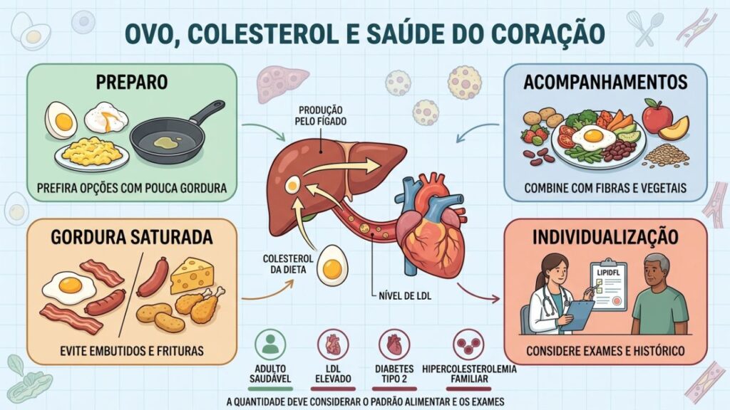 Preparo, acompanhamentos, gordura saturada e exames definem o impacto do ovo.