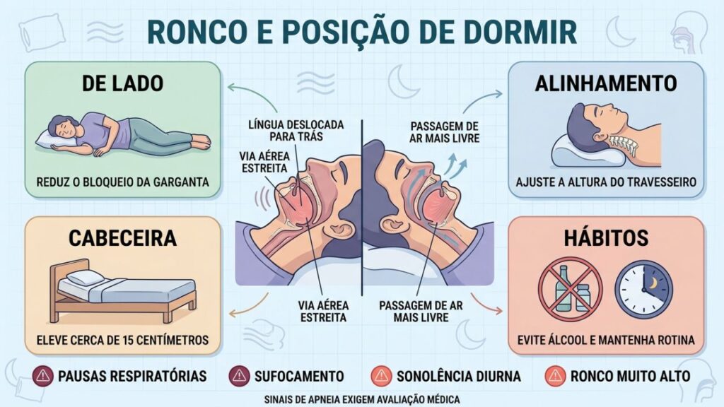 Posição lateral, alinhamento, cabeceira elevada e bons hábitos ajudam a reduzir o ronco.