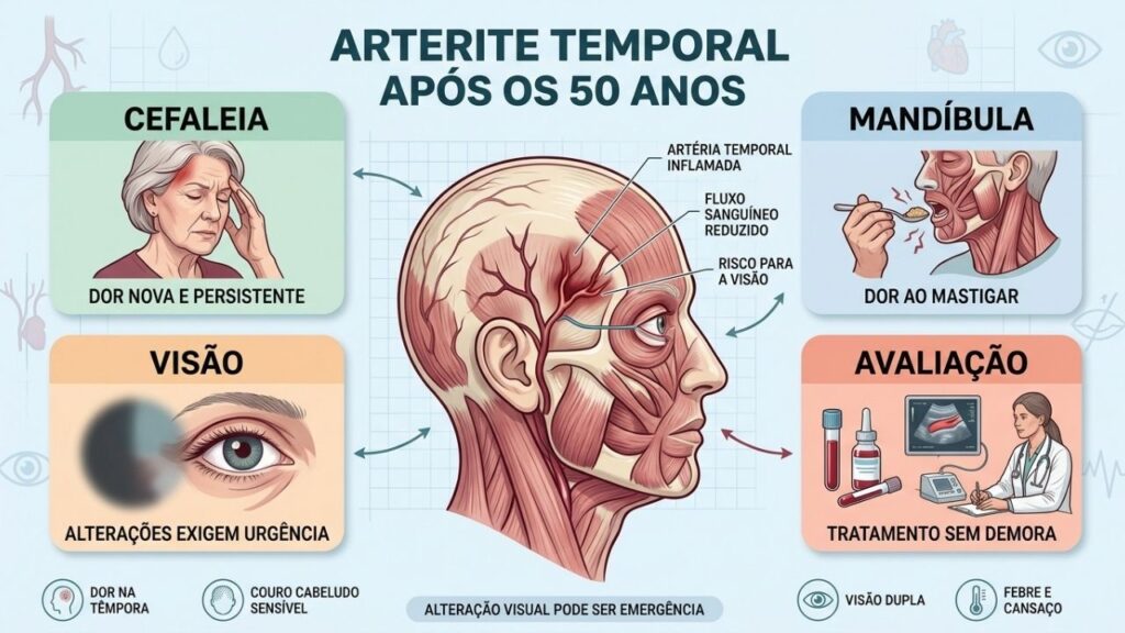 Cefaleia, dor mandibular e alterações visuais orientam a suspeita de arterite temporal.