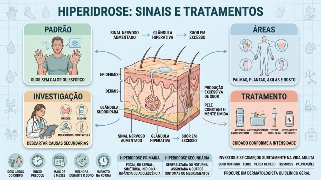 Padrão, áreas afetadas, investigação e tratamentos ajudam a compreender a hiperidrose.