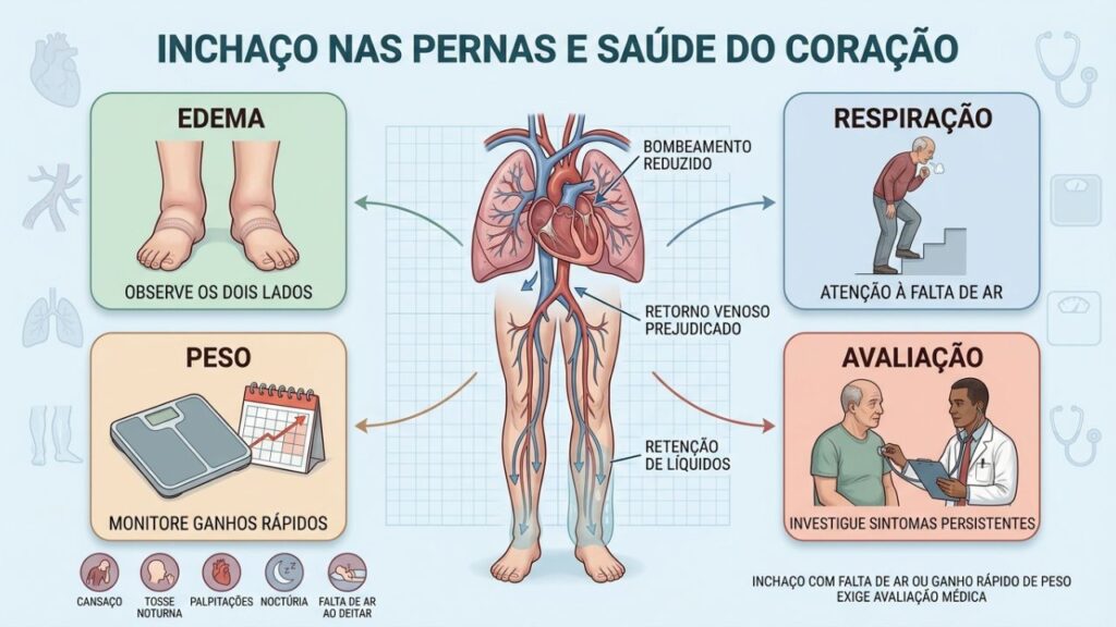 Padrão do edema, respiração, peso e exames orientam a investigação cardíaca.