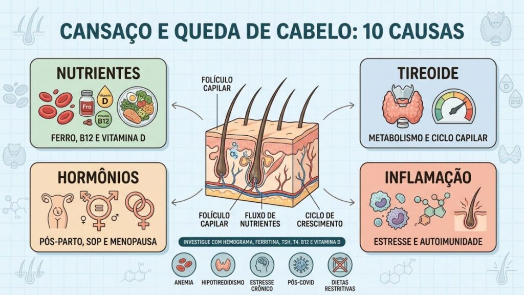 Nutrientes, tireoide, hormônios e inflamação explicam causas frequentes dos sintomas.