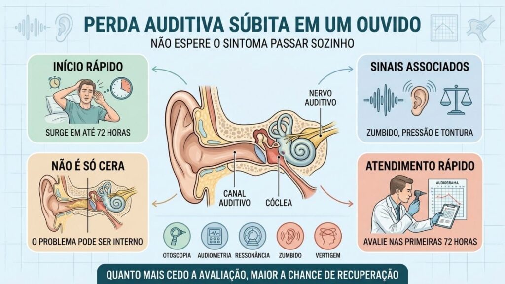 Início súbito, zumbido, tontura e atendimento rápido orientam a investigação auditiva.