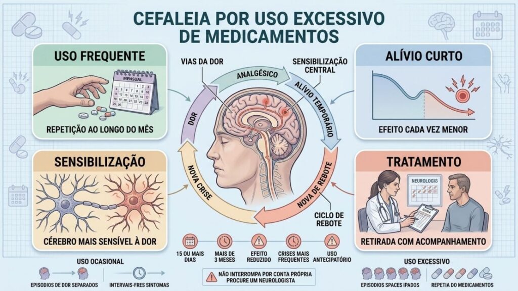Uso frequente, alívio curto e sensibilização cerebral mantêm o ciclo da cefaleia.