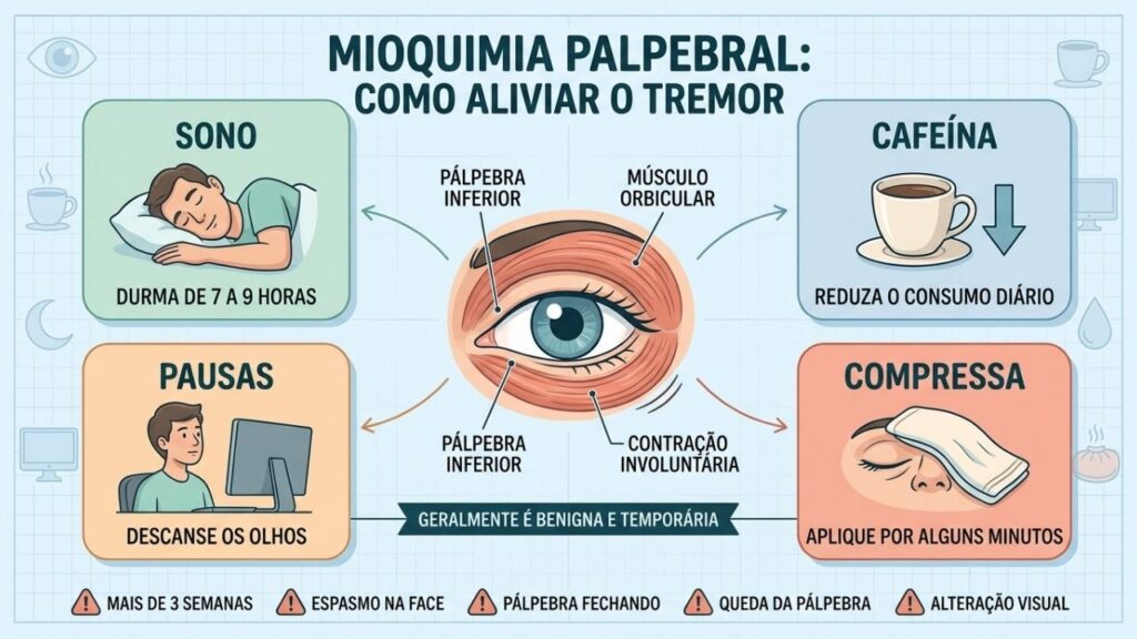 Sono, menos cafeína, pausas visuais e compressas ajudam a controlar o tremor.