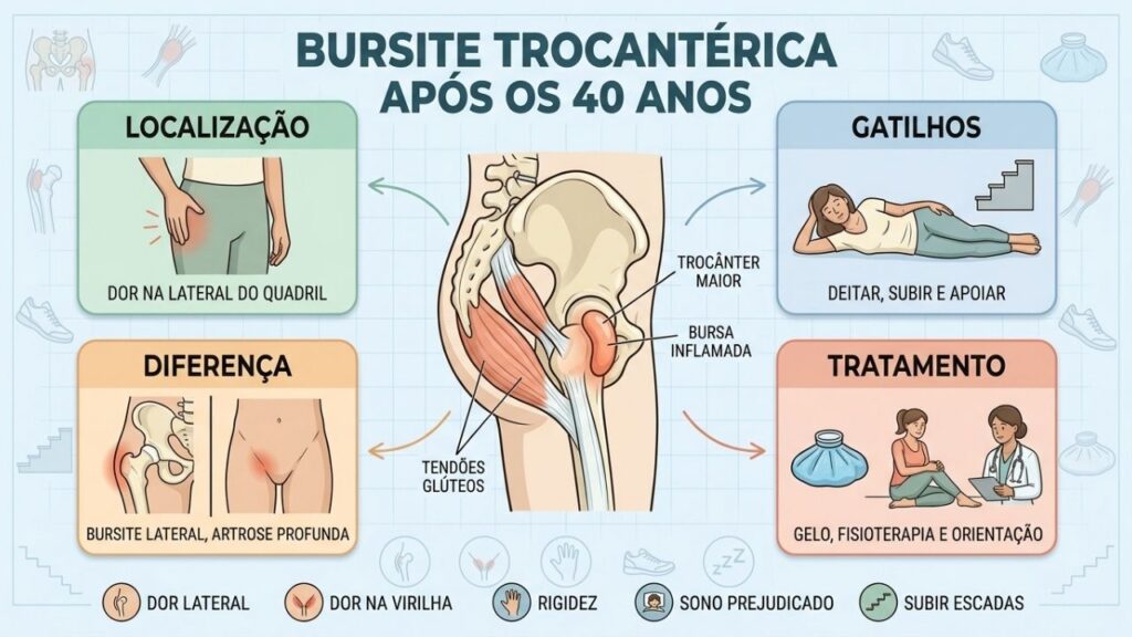Localização, gatilhos, diferenças e tratamento orientam o diagnóstico da bursite trocantérica.